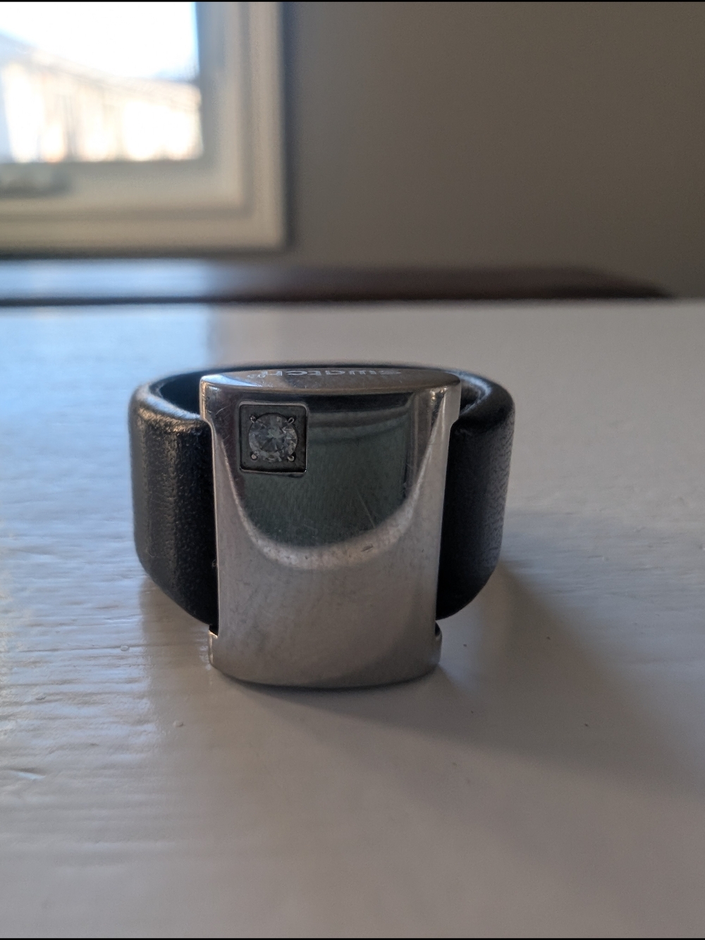 Swatch Silver-Tone Leather Statement Ring with Accent Stone